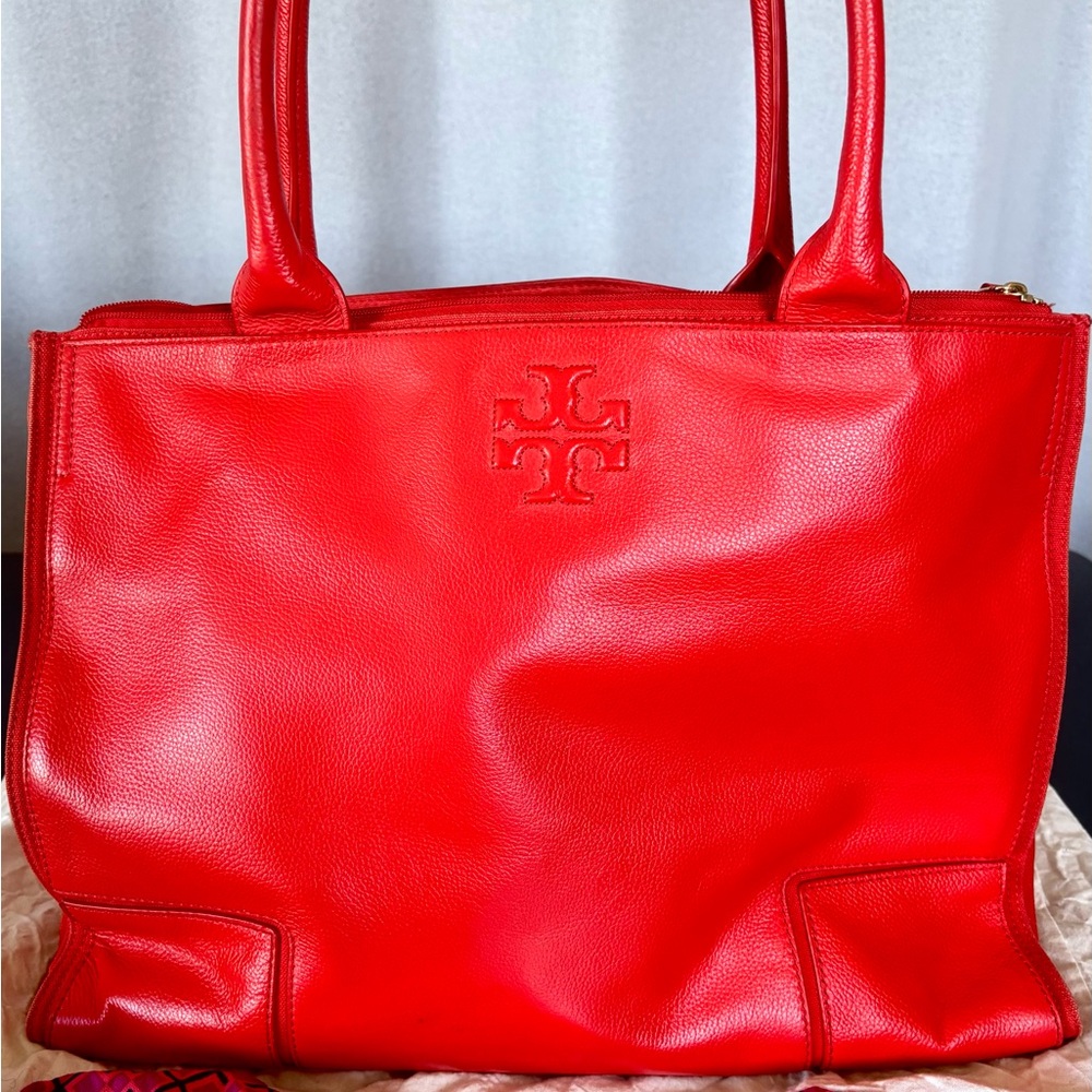 Authentic Tory Burch Red pebbled Leather Ella canvas Tote
